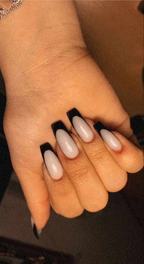 #nails #aesthetic #longnails #coffinnails #coffin #blacknails #whitenails #blackandwhite French Nails Black, Nails Black And White, Milk Nails, Nails With Black, Black French Nails, Nails Aesthetic, Black French, White French, Black Nails