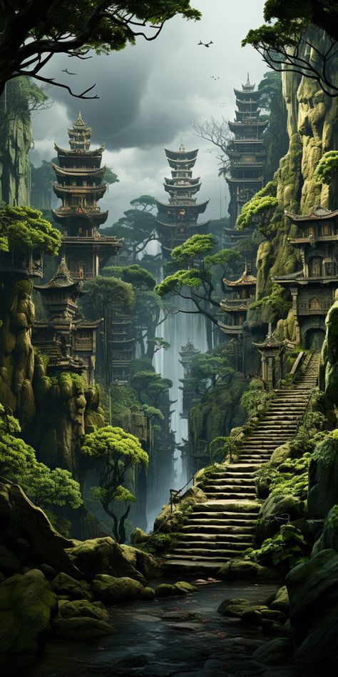 Overgrown City Art, Forest Civilization, Nature Overtaking, Uncharted Artwork, Fantasy Environment, Mystical Places, Other World, Location Inspiration, Fantasy Forest