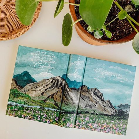 Painted Bible Mountains, Artsy Journal, Hand Painted Bible Cover, Painted Bible, Hand Painted Bible, Bible Cover, Bible Time, Bible Covers, Mountain Paintings