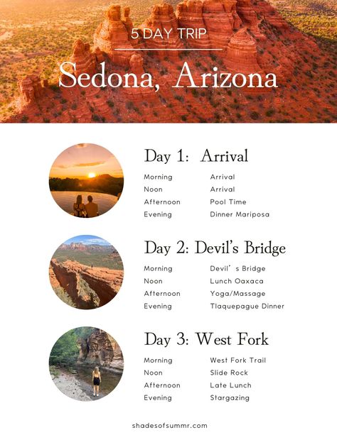 a itinerary with text and pictures showing what to do in 5 days in arizona sedona Things To Do At The Grand Canyon, Sedona And Grand Canyon Itinerary, Sedona Arizona Things To Do In, Best Hikes In Sedona Az, Best Hiking Trails In Sedona, Arizona Itinerary, Sedona Easy Hikes, Verde Canyon Railroad, Sedona Vortex Hikes