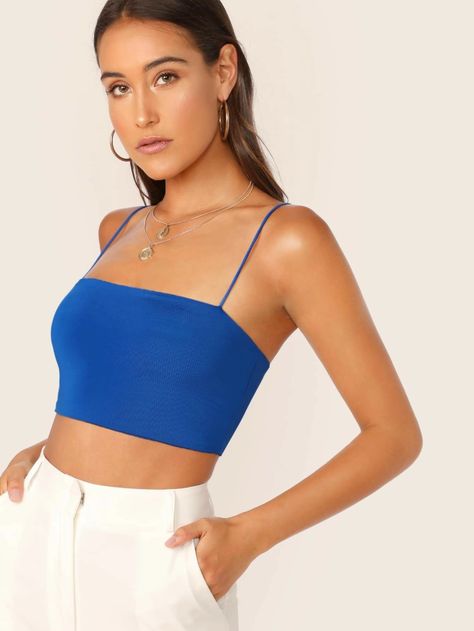 Form-Fitting Cropped Cami Top | SHEIN USA Strappy Crop Top, Outfit Collage, Crop Top Outfits, Crop Top And Shorts, Cropped Cami, Cami Crop Top, Womens Basic, Knit Crop, Tank Top Cami