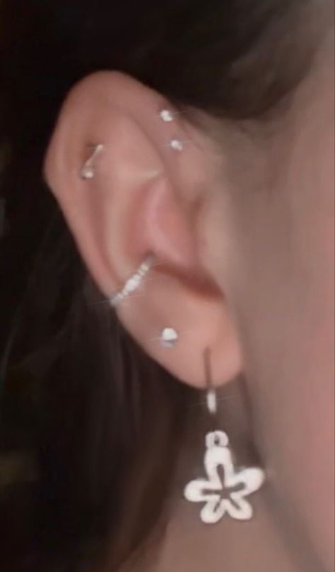 Double Lobe Piercing Ideas, Double Conch, Double Lobe Piercing, Jewelry Combos, Helix Studs, Thrift Fits, Inner Conch, Earring Stacks, Minimalist Ear Piercings