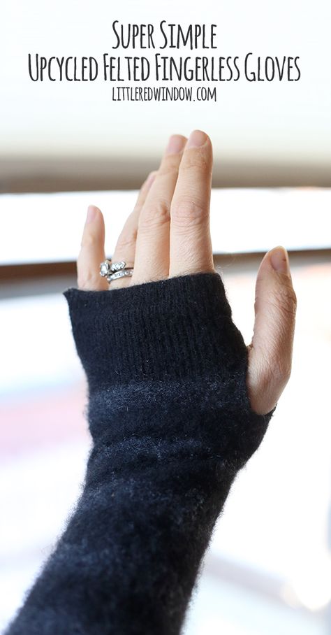 Super Simple Upcycled Felted Fingerless Gloves | littleredwindow.com Diy Fingerless Gloves, Old Sweater Crafts, Wool Fingerless Gloves, Diy Slippers, Gloves Pattern, Fingerless Mitts, Old Sweater, Work Diy, Upcycle Sweater