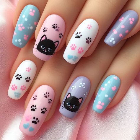 Short Cat Nails Acrylic, Kitten Nails Design, Funny Nail Art Designs, Animal Nails Cute, Animal Nail Designs Easy, Cute Cat Nail Art, Cat Nails Art, Cat Nails Design, Kitten Nails