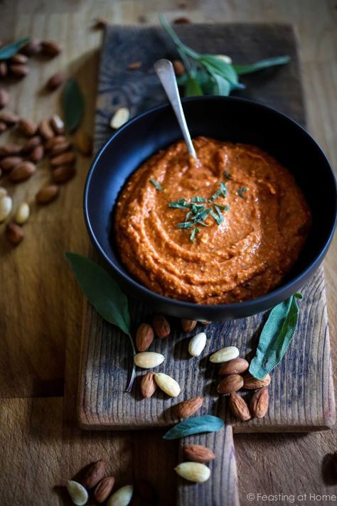 A delicious recipe for Romesco Sauce. Serve it with Roasted Cauliflower Steaks, roasted Potatoes, or Oven baked ricotta Meatballs! EASY & flavorful! GF, Vegan | www.feastingathome.com Feasting At Home, Roasted Cauliflower Steaks, Baked Ricotta, Romesco Sauce Recipe, Romesco Sauce, Savory Sauce, Roasted Peppers, Easy Delicious Recipes, Roasted Cauliflower