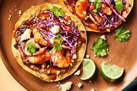 Honey-Chipotle Shrimp Tostadas Honey Chipotle Shrimp, Shrimp Tostada, Shrimp Tostadas, Chipotle Shrimp, Canning Refried Beans, Honey Chipotle, Marinated Shrimp, Dinners To Make, Taco Night