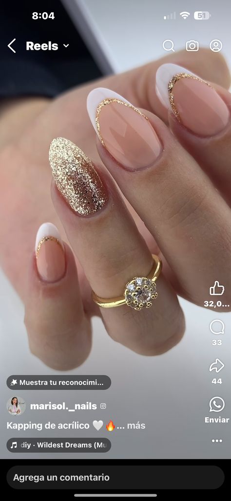 Golden French Manicure, Gel Nails New Years Eve, Gold And Nude Nail Designs, Golden Nail Art Design, Cute White And Gold Nails, Gold Formal Nails, Gold Theme Nails, French Nails With Gold Line, Gold And White French Tip Nails