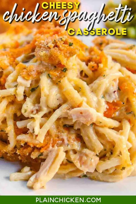 Cheesy Chicken Spaghetti Casserole - chicken, spaghetti, cream of chicken soup, sour cream, butter, seasonings, Parmesan and cheddar cheese -THE BEST! We make this once a month! Makes a great freezer meal! Cheesy Chicken Spaghetti Casserole, Plain Chicken Recipe, Baked Chicken Spaghetti, Chicken Spaghetti Casserole, Cheesy Spaghetti, Cheesy Chicken Spaghetti, Chicken Spaghetti Recipes, Spaghetti Casserole, Plain Chicken