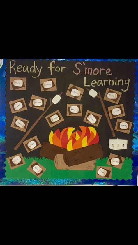 Campfire S'mores bulletin board Camping Bulletin Boards, Camping Classroom Theme, Camping Preschool, Preschool Camping, Camping Theme Preschool, November Bulletin Boards, Summer Bulletin Boards, Camping Classroom, Camping Theme Classroom