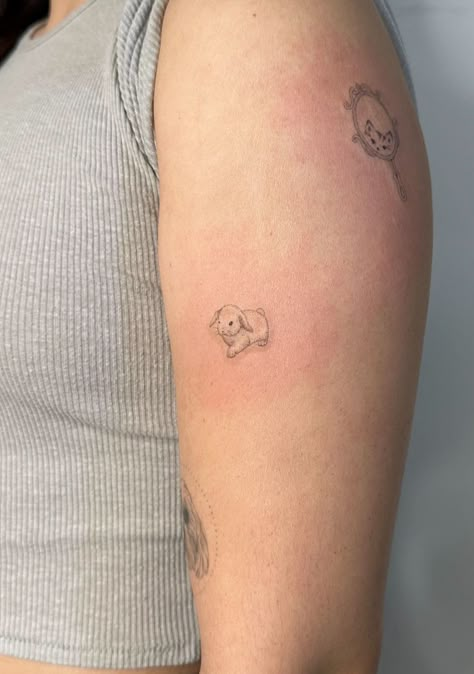 Soft Bunny Tattoo, Bunny Tattoo Aesthetic, Bunny Fine Line Tattoo, Bunny Stuffed Animal Tattoo, Baby Bunny Tattoo, Two Bunnies Tattoo, One Inch Tattoos, Simple Bunny Tattoo, Minimalist Bunny Tattoo