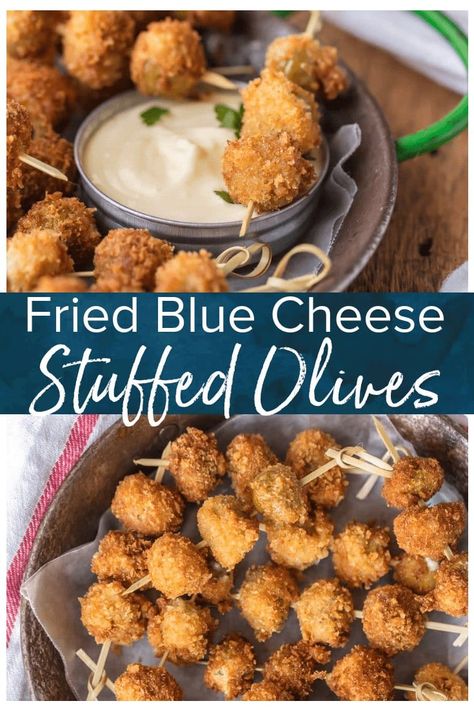 These FRIED BLUE CHEESE STUFFED OLIVES are just delicious. And when served with a simple garlic aioli sauce, they are absolutely addicting! These fried and stuffed olives are the perfect holiday appetizer, just what you need for Christmas or New Year's Eve! Garlic Aioli Sauce, Blue Cheese Stuffed Olives, Fried Olives, Cheese Ideas, Stuffed Olives, Aioli Sauce, Cookie Rookie, Olive Recipes, Holiday Appetizer