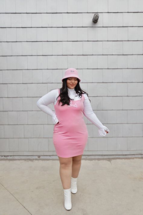 Plus size barbie outfit and dress Pink Summer Outfits Plus Size, Plus Size Barbie Halloween Costume, Barbie Movie Outfits Plus Size, Barbie Party Outfit Plus Size, Barbie Aesthetic Outfit Plus Size, Barbie Themed Outfits Plus Size, Barbie Outfits Ideas Pink, Barbie Core Work Outfit, Plus Size Rainbow Outfits