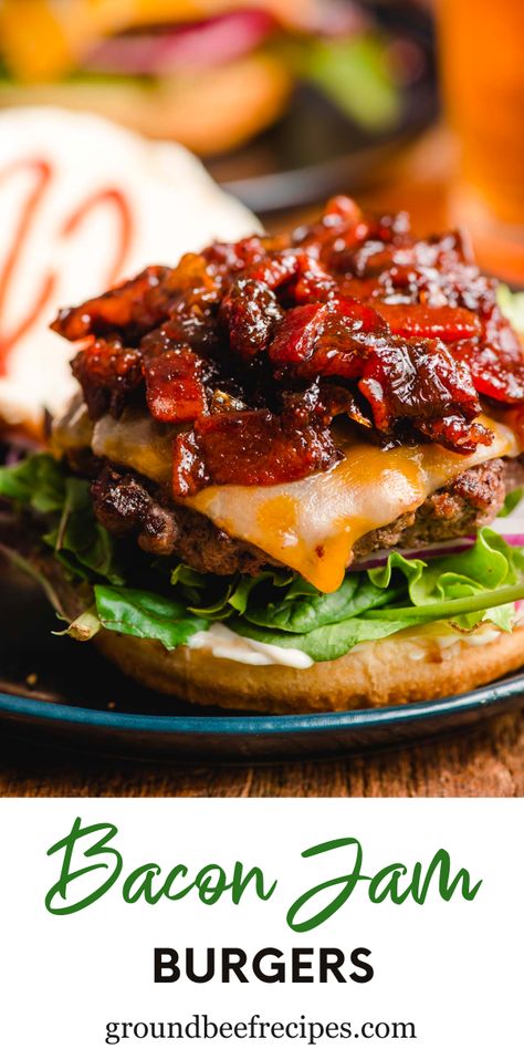 Bacon Jam Smash Burger, Gourmet Burger Recipes, Fancy Burger Recipes, Gourmet Burgers Ideas, Bourbon Burger, Specialty Burgers, Bourbon Jam, Fancy Burgers, Unique Burger Recipes