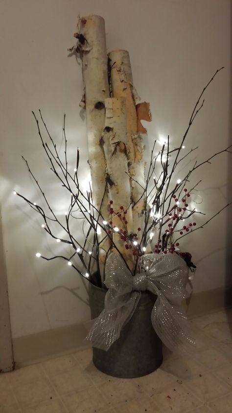 Birch Projects Ideas, Birch Bundle Decor, Birch Centerpieces Christmas, Twig Christmas Tree Diy, Burch Tree Decor Ideas, Fake Logs Decor, Birch Branch Christmas Decor, Christmas Birch Tree Decor, Birch Log Crafts