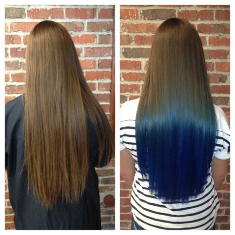 Blue Ombre Hair Straight, Blue Hair Ombre Brown, Blue Ends Hair Brown, Blue Ends Hair, Dye Blue Hair, Ombre Hair Straight, Blue Ombre Hair, Dip Dyed, Hair Coloring