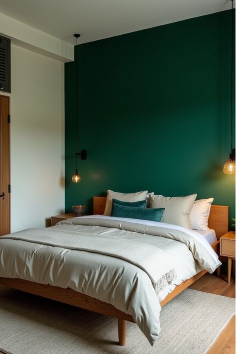 Small bedroom with a striking emerald green accent wall and neutral surrounding walls Bold Accent Wall Bedroom, Emerald Green Wall Paint, Emerald Accent Wall, Colors For Small Bedrooms, Emerald Green Accent Wall, Paint Colors For Small Bedrooms, Bedroom Wall Painting Ideas, Small Bedroom Colours, Calming Bedroom Colors