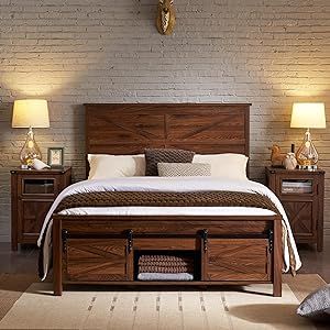 Master Bedrooms Decor Farmhouse Rustic, Farmhouse King Bed, Store Sheets, Beds With Headboards, Barn Door Storage, Wood Bed Frame Queen, Wooden Furniture Bedroom, Full Size Storage Bed, Farmhouse Bed Frame