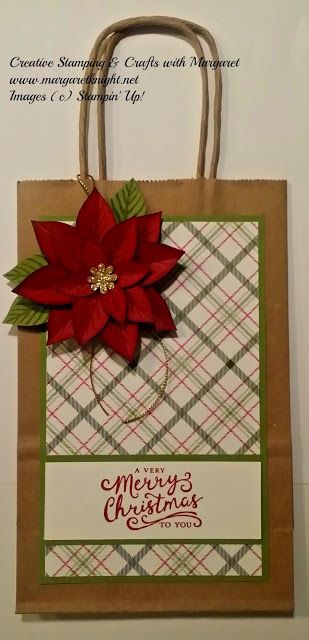 Transformed Paper Gift Bag using Stampin' Up! Merry Moments Designer Series Paper, Reason for the Season Stamp Set & Festive Flower Builder Punch Paper Bag Decorating Ideas, Gift Bag Decorating Ideas, Christmas Bag Ideas, Poinsettia Punch, Gift Bag Decoration, Holiday Bags, Stamping Crafts, Diy Paper Bag, Paper Bag Crafts