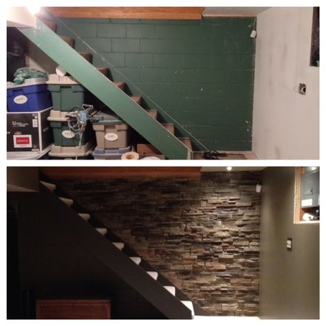 Basement stairs. Before and after. Ugly painted cinder block to beautiful faux stone veneer on the wall defending to the basement. Cinder Block House Remodel, Cinder Block Basement Ideas, Old Basement Stairs Remodel, Cinderblock Basement Walls, Paint Cinder Block Wall In Basement, Interior Cinder Block Wall Makeover, Cinder Block Basement Makeover, Painted Cinder Block Walls In Basement, Cinder Block Wall Makeover