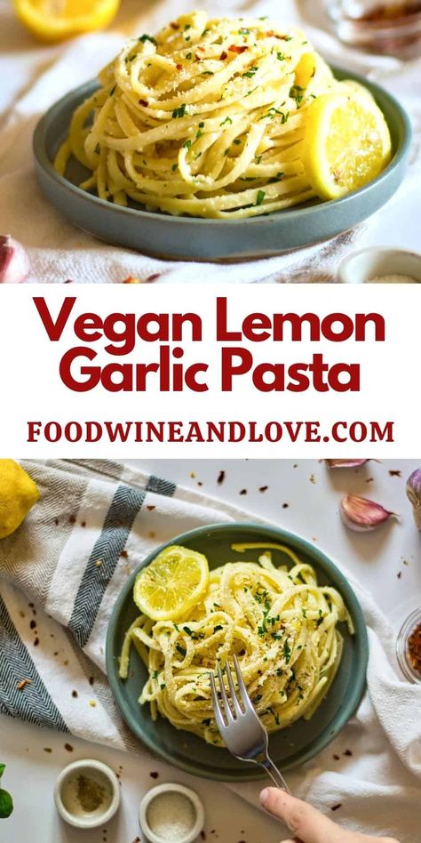 Vegan Lemon Garlic Pasta, delicious creamy  one pan version of Pasta al Limone made  with Linguine and fresh lemons. Vegan Lemon Garlic Pasta, Pasta With Lemon Sauce, Vegan Veggie Burger, Lemon Pasta Recipes, Garlic Pasta Sauce, Lemon Garlic Pasta, Linguine Recipes, Veggie Burgers Recipe, Garlic Pasta