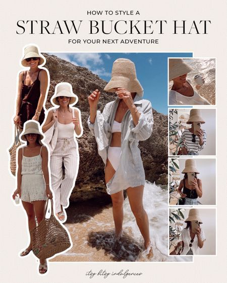 Straw Bucket Hat Outfit Summer, Beach Bucket Hat Outfit, Summer Bucket Hat Outfit, Bucket Hat Straw, Sun Hat Outfit, Straw Bucket Hat Outfit, Outfits With Bucket Hats Summer, Trendy Bucket Straw Hat For Vacation, Summer Vacation Straw Bucket Hat