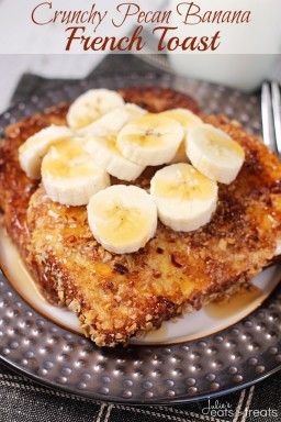 Crunchy Pecan Banana French Toast ~ Light and Fluffy French Toast with a Crunchy Pecan Crust then Loaded with Bananas! A Perfect and Easy Breakfast! Loaded Toast, Toast Light, Fluffy French Toast, Pecan Crust, Ezekiel Bread, Banana French Toast, French Toast Breakfast, Gourmet Breakfast, Crunchy Pecans