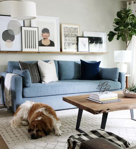 Diy Picture Ledge, Blue Couch Living, Blue Sofa Living, Blue Sofas Living Room, Blue Couch Living Room, Over The Couch, Chris Loves Julia, Picture Ledge, Interior Define