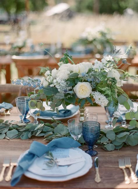 Soft Blue Wedding, Slate Blue Wedding, Blue Table Settings, Reception Florals, Wedding Color Pallet, Sea Wedding, Blue Wedding Inspiration, Light Blue Wedding, Northern California Wedding