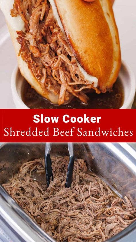 Juicy Slow Cooker Shredded Beef is a must-try crock pot recipe. Use it to make shredded beef sandwiches for dipping au jus, or store or freeze leftovers for easy meal prep. Italian Roast Beef Crock Pot Sandwich Recipes, Shredded Beef Recipes Sandwiches, French Dip Crock Pot Shaved Beef, Shredded Beef Au Jus, Slow Cooker Hot Beef Sandwiches, Slow Cooker Beef Sandwiches Crock Pot, Pulled Beef Crock Pot Recipes Sandwiches, Hot Beef Sandwich Recipes, Slow Cooker Shredded Beef Sandwiches