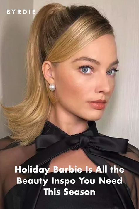 Robbie Margot glammed up as Holiday Barbie Barbie Hair Inspiration, Barbie Hairstyles, Shimmery Makeup, Diy Updo, Barbie Hairstyle, Perfect Red Lips, Natural Hair Mask, Barbie Makeup, Big Curls