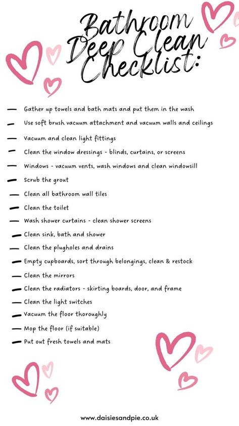 Home Cleaning & Organization Tips and Ideas | ***How To Deep Clean The Bathroom – grab our top to bottom cleaning checklist for really deep cleaning and organising the bathroom - checklist here ... | Facebook Home To Do List Clean House, Deep Home Cleaning, Living Room Deep Clean, New Year Deep Cleaning, Winter Organization Ideas, New Years Cleaning Checklist, Tips On Cleaning Your Room, Order To Clean Room, Bedroom Life Hacks