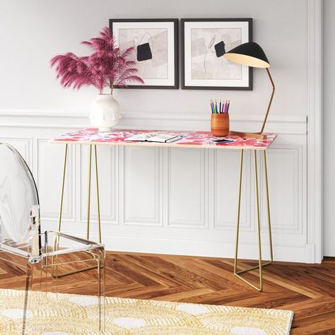 The Twillery Co. Dorcheer Solid Wood Desk - Wayfair Canada Glass Desk Ideas, Glass Top Desk, Chic Desk, Side Shelves, Gold Desk, Apartment Dining, Glass Desk, Solid Wood Desk, Steel Lighting