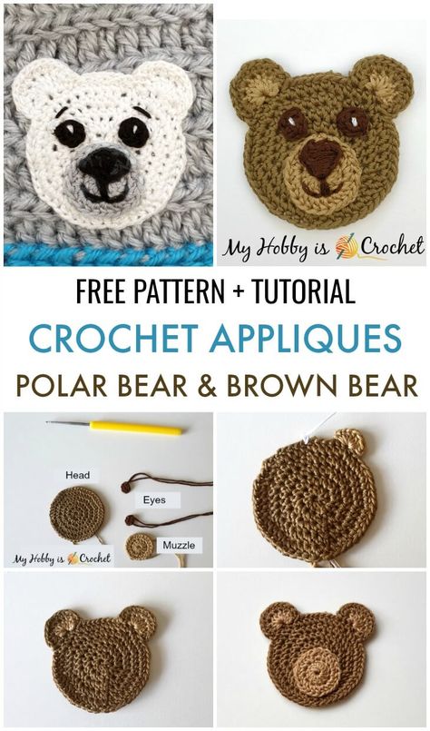 Crochet Bear Appliques Crocheted Bear, Crochet Applique Patterns Free, Crochet Appliques, Crochet Bear Patterns, Chevron Crochet, Bear Brown, Pola Amigurumi, Crochet Teddy Bear, Crochet Simple