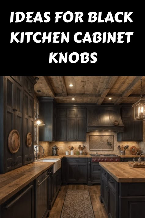 Black kitchen with wooden countertops and rustic decor. Black Traditional Kitchen, Tricorn Black Kitchen Cabinets, Rustic Black Kitchen Cabinets, Black And Wood Cabinets, Black Stained Kitchen Cabinets, Black Cupboards Kitchen, Black Rustic Kitchen, Black Cabinet Kitchen, Aesthetic Black Kitchen