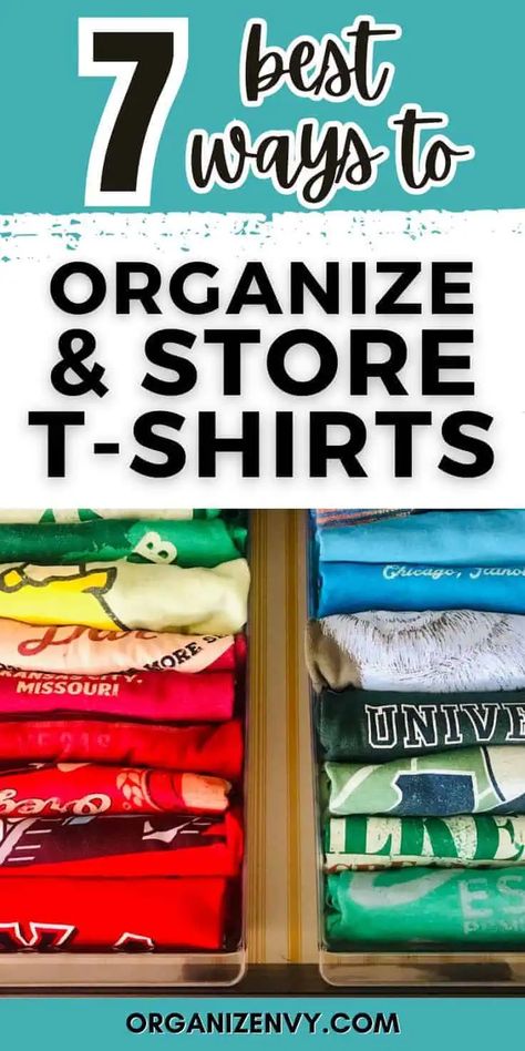 Don't let t-shirts take over your space! Learn easy tips to fold, store and organize all of your t-shirts in a bedroom dresser, creative ways to store t-shirts in a closet, t-shirt storage for shelves and more. Folding Tshirts, Clothes Organization Ideas, Dresser Top Organization Ideas, T Shirt Storage, Tee Shirts Diy, Shirt Storage, Shirt Organization, T Shirt Folding, Dresser Closet