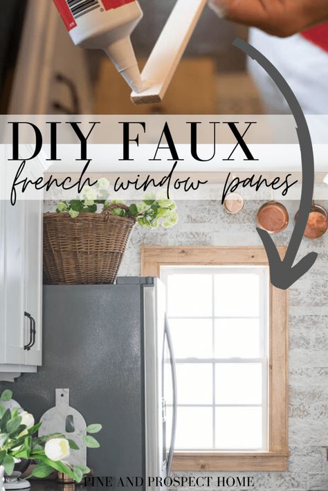 Today I'm sharing how simple it was to create these faux french window panes in our kitchen! Diy Window Update, Faux French Windows, False Window Ideas Interiors, Faux Window Panes Diy, Faux Window Diy, Faux Window Decor, Faux Window Grids, How To Create A Fake Window, Diy French Windows