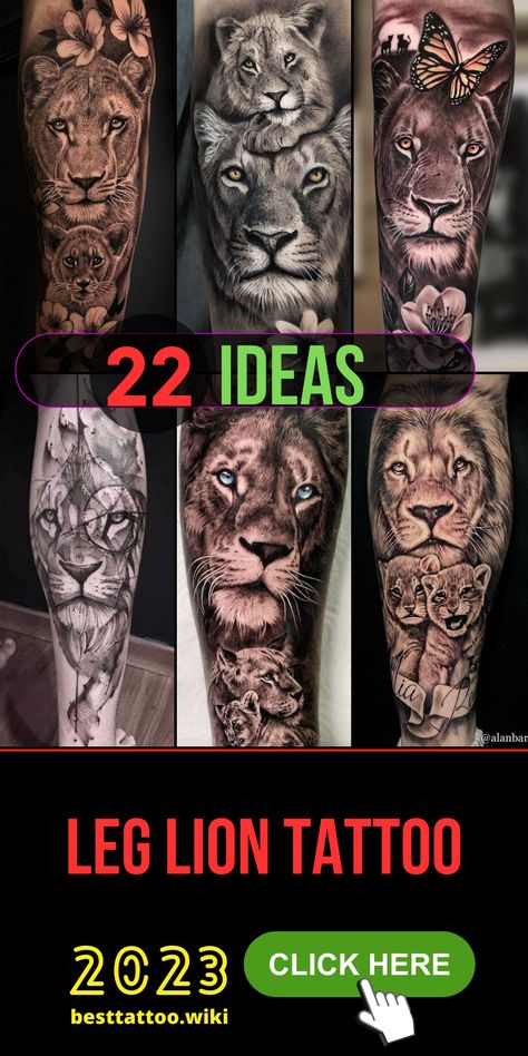 Embark on a journey of symbolism and style with a lion tattoo on the leg, designed exclusively for men. Our carefully curated collection features options that blend artistry and meaning seamlessly. Whether you envision a small, realistic, or geometric lion tattoo, our premium selection captures the essence of power and courage. Say goodbye to ordinary body art and hello to a statement that roars with significance! Men’s Animal Tattoo, Lion Leg Tattoo Men, Lioness Cub Tattoo, Leg Lion Tattoo, Best Lion Tattoos Men, Lion Tattoo On Leg, Lion Tattoo Men, Lion Sleeve Tattoo, Lion Tattoos For Men