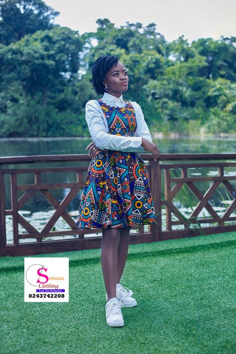 Ankara Pinafore Styles For Ladies, Ankara Pinafore Dress Outfit, Ankara Pinafore Styles, Skirt With Suspenders Outfits, Ankara Dress Styles For Teenagers, Ankara Pinafore, Ankara Styles For Teenage Girl, Pinafore Dress Outfit, Suspenders Outfit