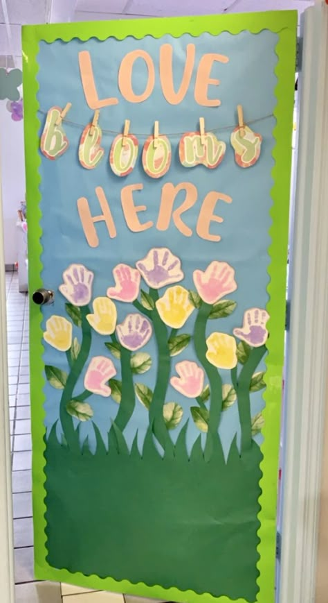 Spring Doors For Toddler Room, Spring Theme Door Decoration, Spring Daycare Door Ideas, Spring Time Door Decorations Classroom, Spring Themed Classroom, Spring Wall Decor Classroom, Spring Door Themes For Classroom, Spring Classroom Theme, Hanging With My Peeps Classroom Door