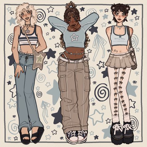 Y2k Art Outfit, How To Draw Y2k Clothes, Outfit Inspo For Drawing, Y2k Drawing Outfits, People Art Styles, Cool Character Design Ideas, Outfit Ideas For Art, Diffrent Aesthics, Outfit Ideas For Drawing