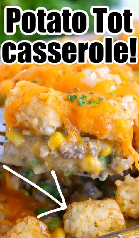 Our potato tot casserole with ground beef will knock your socks off! Add vegetables for a cheesy meal your kids will ask you to make over and over again. Potato Tot Casserole, Cheesy Tater Tot Casserole, Casserole With Ground Beef, Tater Tot Recipes, Potato Tots, Healty Dinner, Easy Ground Beef, Tot Casserole, Sandra Lee