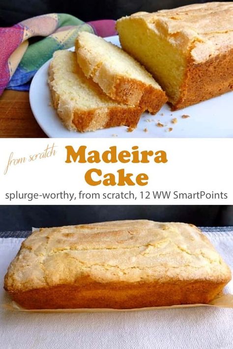 From scratch Madeira Cake is a beautiful golden loaf cake that's firm, but tender, with a rich lemony, buttery flavor and crackly sugar encrusted top - perfect with fruit, ice cream or whipped cream - 12 WW Freestyle SmartPoints! #simplenourishedliving #ww #weightwatchers #wwfamily #wwsisterhood #smartpoints #wwfreestyle #wwsmartpoints #cake #becauseitworks #beyondthescale Madeira Cake Recipe, Madeira Cake, Interesting Cakes, Vegan Bread Recipe, Lemon Brownies, No Yeast Bread, Cake Simple, Ww Freestyle, Fruit Ice Cream