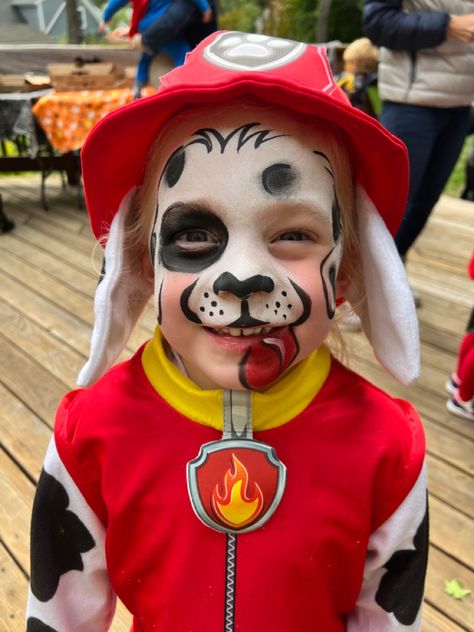 Marshal from Paw Patrol face painting. Paw Patrol Halloween Makeup, Paw Patrol Marshall Face Paint, Marshall Face Paint Paw Patrol, Paw Patrol Makeup Kids, Marshal Face Paint Paw Patrol, Chase Paw Patrol Face Paint, Marshall Face Paint, Paw Patrol Makeup, Marshall Paw Patrol Costume