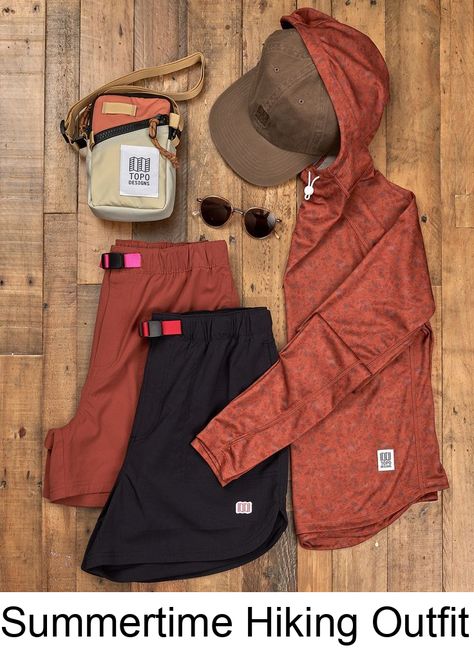 Great outfit for Summertime Hiking and heading to the river or lake. Perfect quick drying shorts and long sleeve sun hoodie with 30+ UV protection! #camping #outfit #ideas Outdoorsy Style Summer, Camping Outfit Ideas, Warm Hiking Outfit, Summer Hiking Outfit Women, Granola Fashion, Camping Fits, Hiking Gear Women, Shorts And Long Sleeve, Camper Outfit