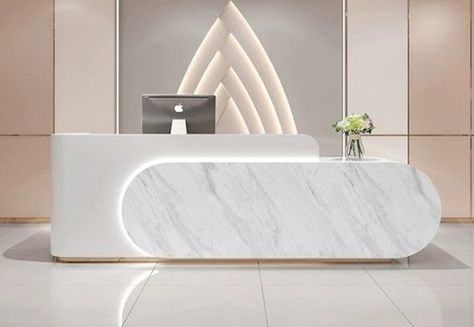 Reception Tables Office, Counter Desk Reception, Front Desk Marble, Minimalist Reception Table, Reception Desk Inspiration, Unique Office Table Design, Lobby Desk Design, Recepsionis Design, Reseption Zone Design Modern