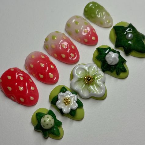 custom strawberry set!! 🍓💚 (original design on last slide) ive been taking a break to recover, but im back to doing nails!! everyone who has ordered a set, it will be done as soon as possible! and to everyone who is waiting for their set to be shipped, i will be shipping within the next few days! thank you all so so much for your patience 🫶 #nails #nailsnailsnails #nailart #gelx #gelnails #explorepage #explore #strawberrynails #strawberry #3dnails #nailaddict #nailartist Strawberry Gel Nails, Strawberry Nails Acrylic, Strawberry Shortcake Nails, Strawberry Nail Art, Doing Nails, Strawberry Nails, Queen Energy, Berry Nails, Best Press On Nails