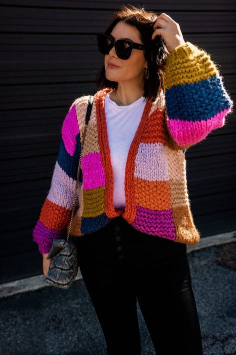 Multi colored cardigan from Anthropologie Bright Cardigan, Casual Colorful Color Block Cardigan, Cozy Multicolor Knitted Cardigan, Cozy Multicolor Crochet Cardigan, Trendy Multicolor Crochet Cardigan, Cozy Multicolor Color Block Cardigan, Chunky Knit Sweater Pattern, Kendi Everyday, Cardigan Outfits