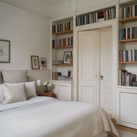 16 Gorgeous Home Library Ideas Bedroom And Library In One, Library And Guest Room Combo, Built In Bookcase In Bedroom, Bookshelf In Master Room, Bedroom With Library Bookshelves, Library Wall In Bedroom, Bedrooms With Bookcases, Built In Bookcase Bedroom, Home Library Guest Room