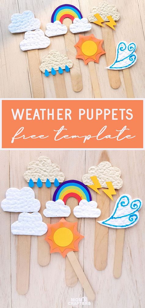 CLICK for the FREE TEMPLATE to make these WEATHER PUPPETS - a fun preschool weather craft for kids! These fun weather emojis are great for teachers to make on the Cricut with the free SVG but also comes with a PDF to make it by hand. Weather Paper Craft, Fall Weather Art Preschool, April Shower Crafts For Kids, Weather Crafts For Elementary Students, Cloudy Crafts Preschool, Spring Weather Crafts For Toddlers, Weather Kindergarten Crafts, Preschool Cricut Crafts, Sky And Weather Theme Toddlers