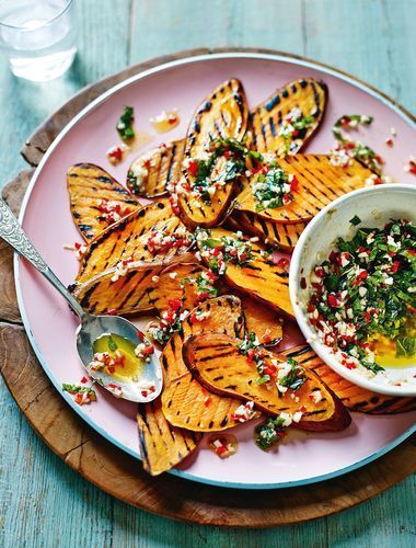 Griddled Sweet Potatoes with Mint, Chilli and Smoked Garlic recipe from Shelina Permalloo's The Sunshine Diet cookbook. The smoked garlic in this dish intensifi Smoked Garlic, Sweet Potato Dishes, Vegetarian Bbq, Grilled Sweet Potatoes, Vegan Bbq, Garlic Recipes, Potato Wedges, Jamie Oliver, Bbq Recipes